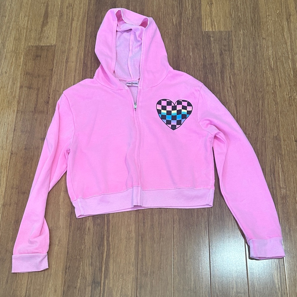 Vibrant Pink Kids Hoodie with Checkered Heart